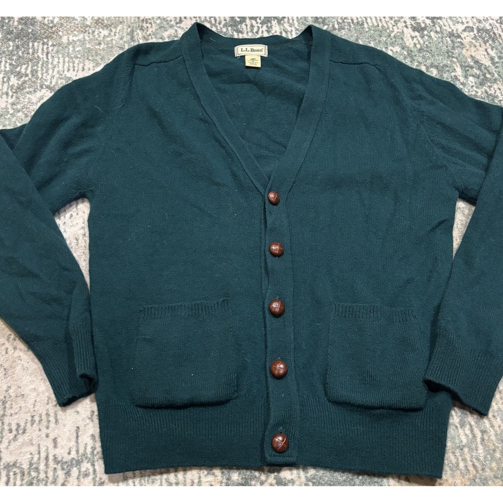 Vintage LL Bean Cardigan Sweater Mens M Green Lambswool Made in Scotland 80s